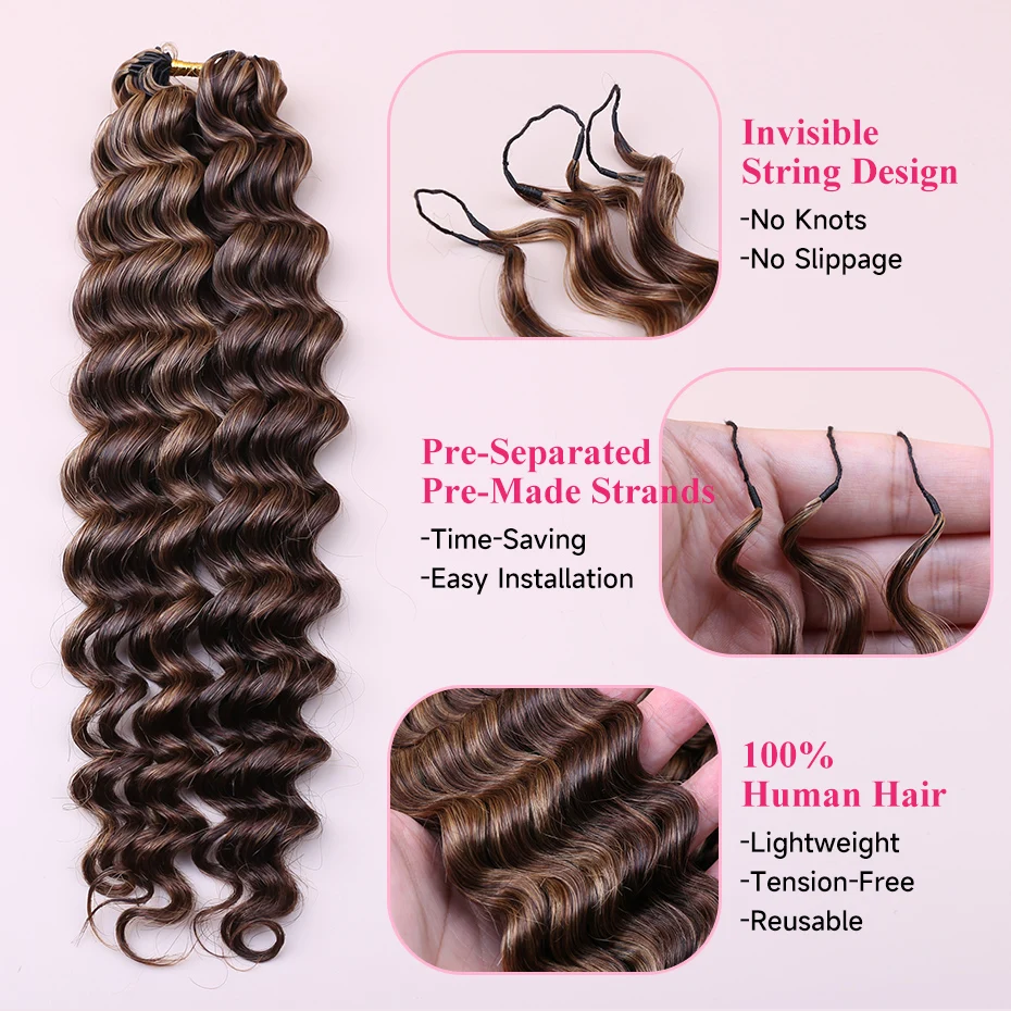 4/27 Highlight Loose Deep Wave Feather Crochet Human Hair Raw Brazilian Hair Bulk Pre Looped Hair Extensions Invisible Miracle Knots Feather Crochet Hair 14-24 Inchs Brown Highlight Real Human Hair Full Head Braiding Hair for Women Daily Wear - view 2