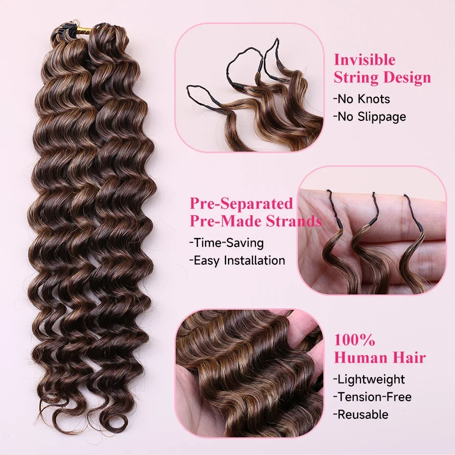 4/27 Highlight Loose Deep Wave Feather Crochet Human Hair Raw Brazilian Hair Bulk Pre Looped Hair Extensions Invisible Miracle Knots Feather Crochet Hair 14-24 Inchs Brown Highlight Real Human Hair Full Head Braiding Hair for Women Daily Wear