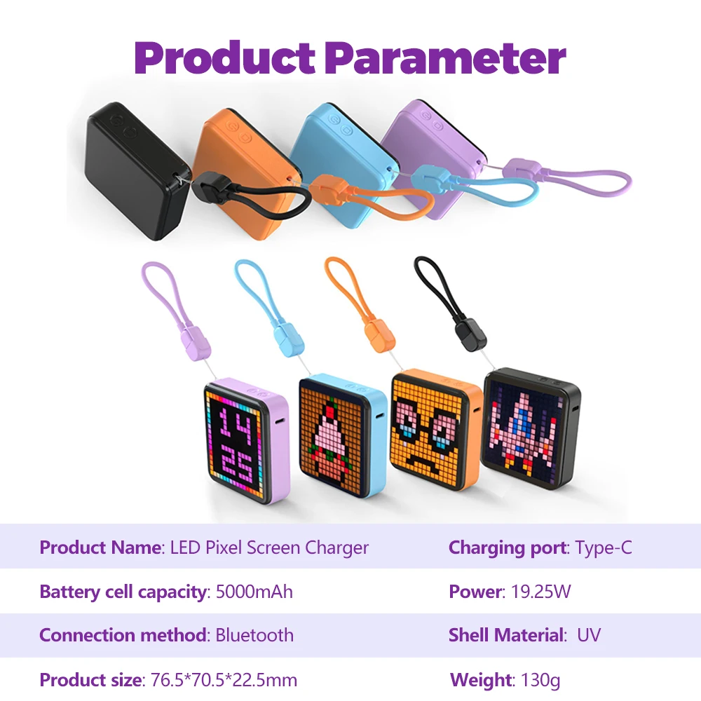 LED Bluetooth Pixel Screen Desktop Atmosphere Pixel Light DIY Pixel Mobile Power Bank Charging Bank for Decor and Emergency