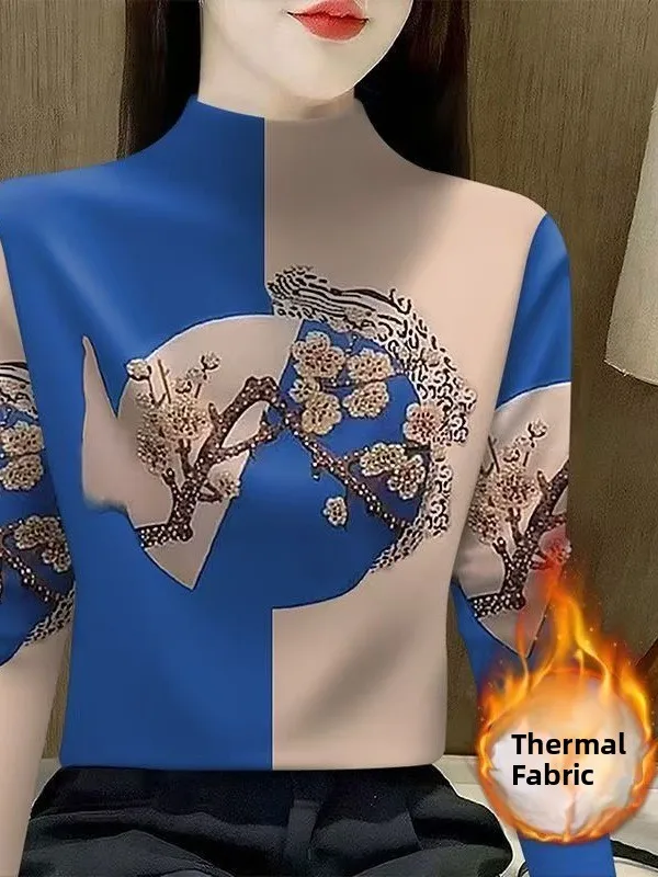 

Double-Sided Fleece Long-Sleeve Printed Half-High Collar Base Shirt Women's Versatile Top Casual Style Warm Polyester Fiber