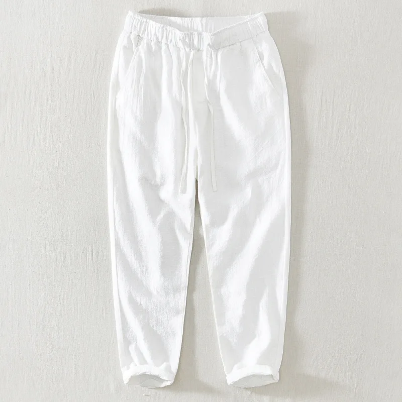 Cotton and Linen Cropped Pants, Thin Drawstring Elastic Waist Casual Pants, Men's Straight Leg Youth Loose Fitting Trendy Pants