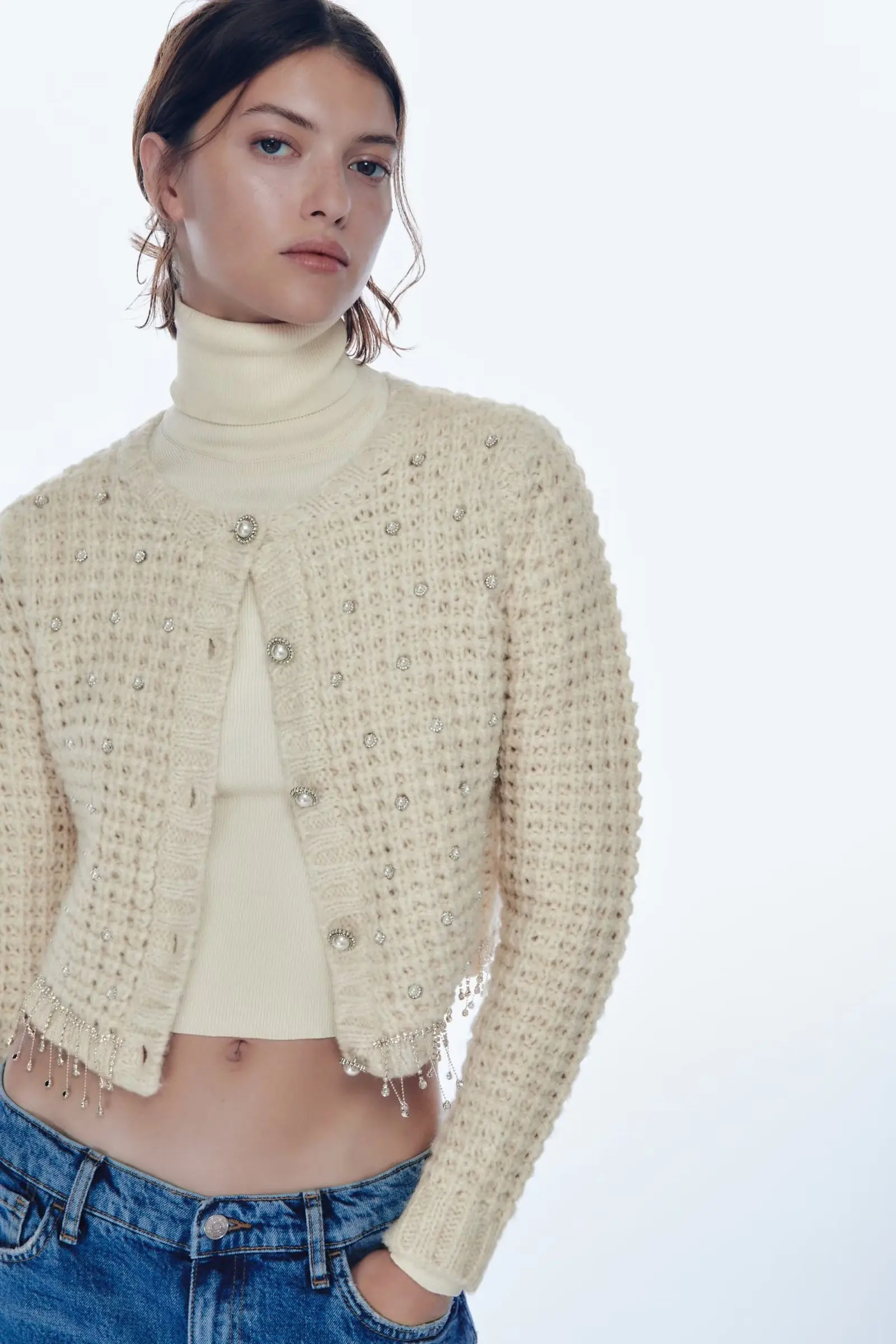 

Fall 2024 Women's Knitted Beaded Embellied Open Cardigan Sweater Small Fraance Sle ort Outerwear V-ne Long Sve