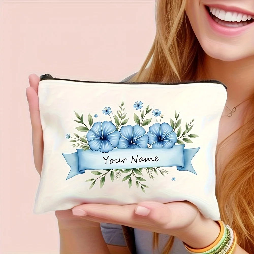 Custom Name Blue Plumeria Floral Ribbon Design Element Cute Handbag Makeup Pouch Storage Bag for Parties Appreciation Clutch Bag