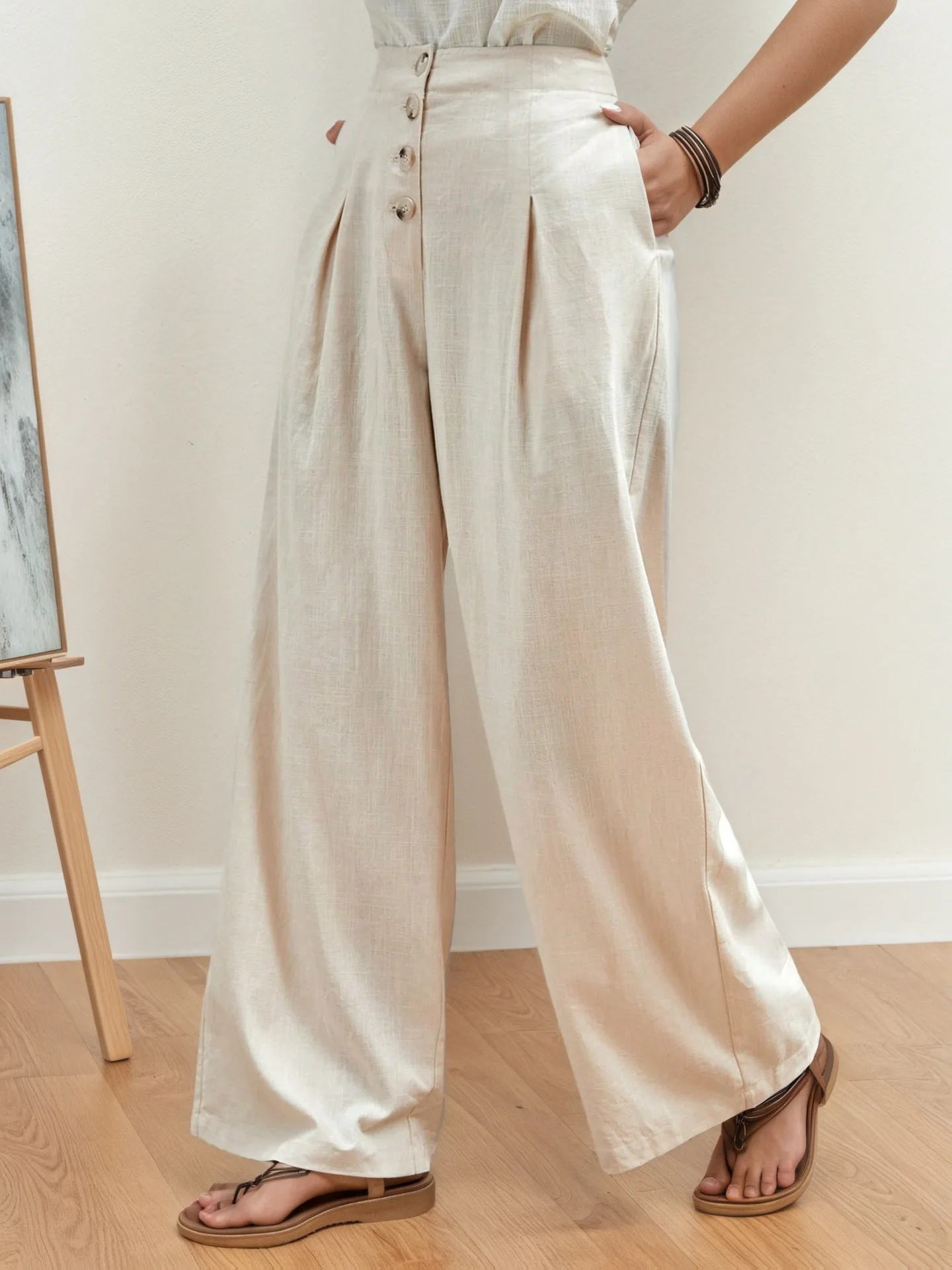 

Summer Solid Color Single Breasted Slim Fit High Waist Wide Leg Pants for Women, Elegant and Casual, Simple Wide Leg Pants