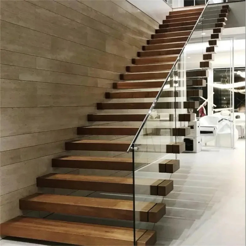 custom.Minimalist Floating Staircase with Hidden Stringer and Wide Wooden Treads Elegant Design Open Space Interiors