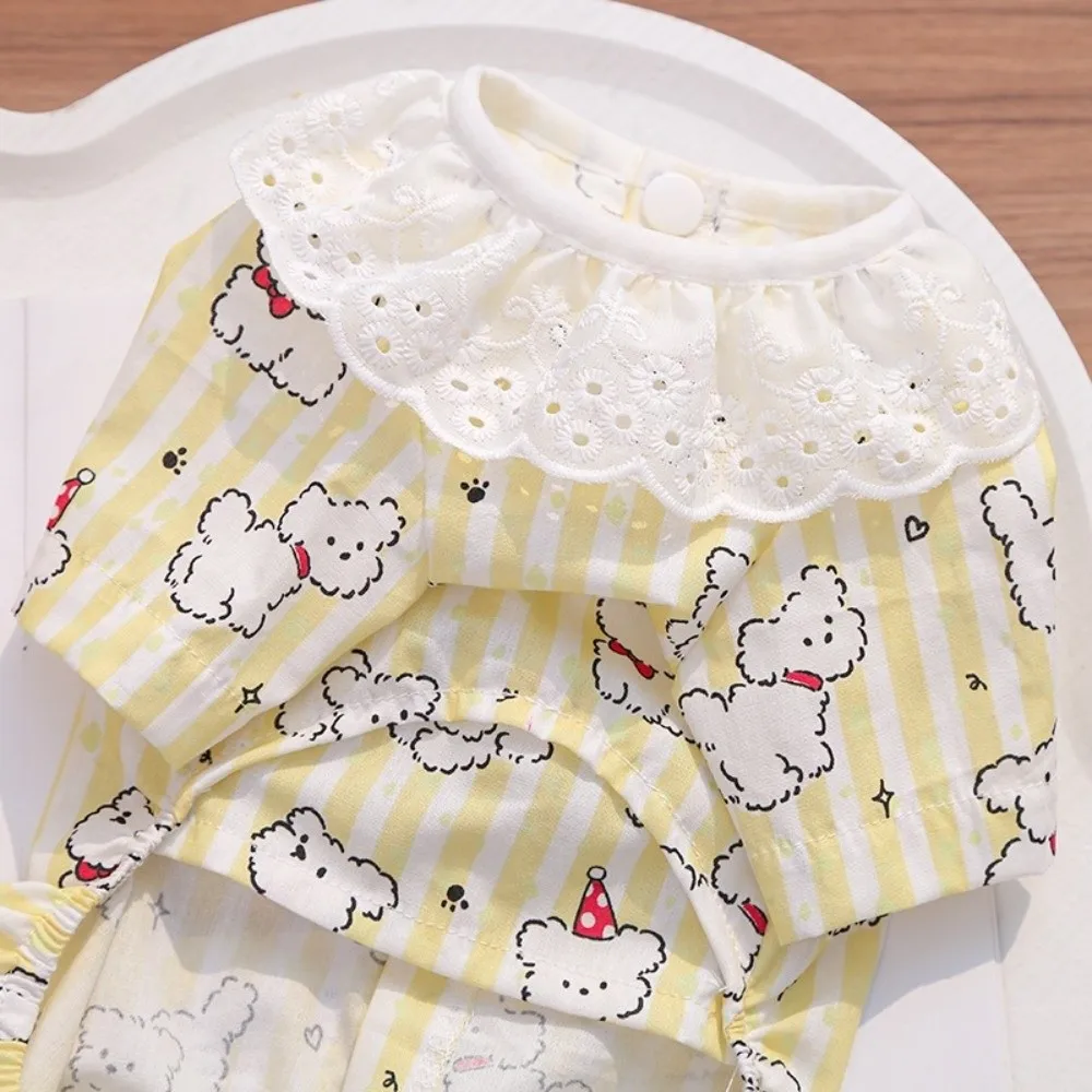 Soft Cotton Dog Pajamas Strips Pattern 4 Feet Style Puppy Shirt Breathable Button Down Design Indoor Lounge Wear For Cats