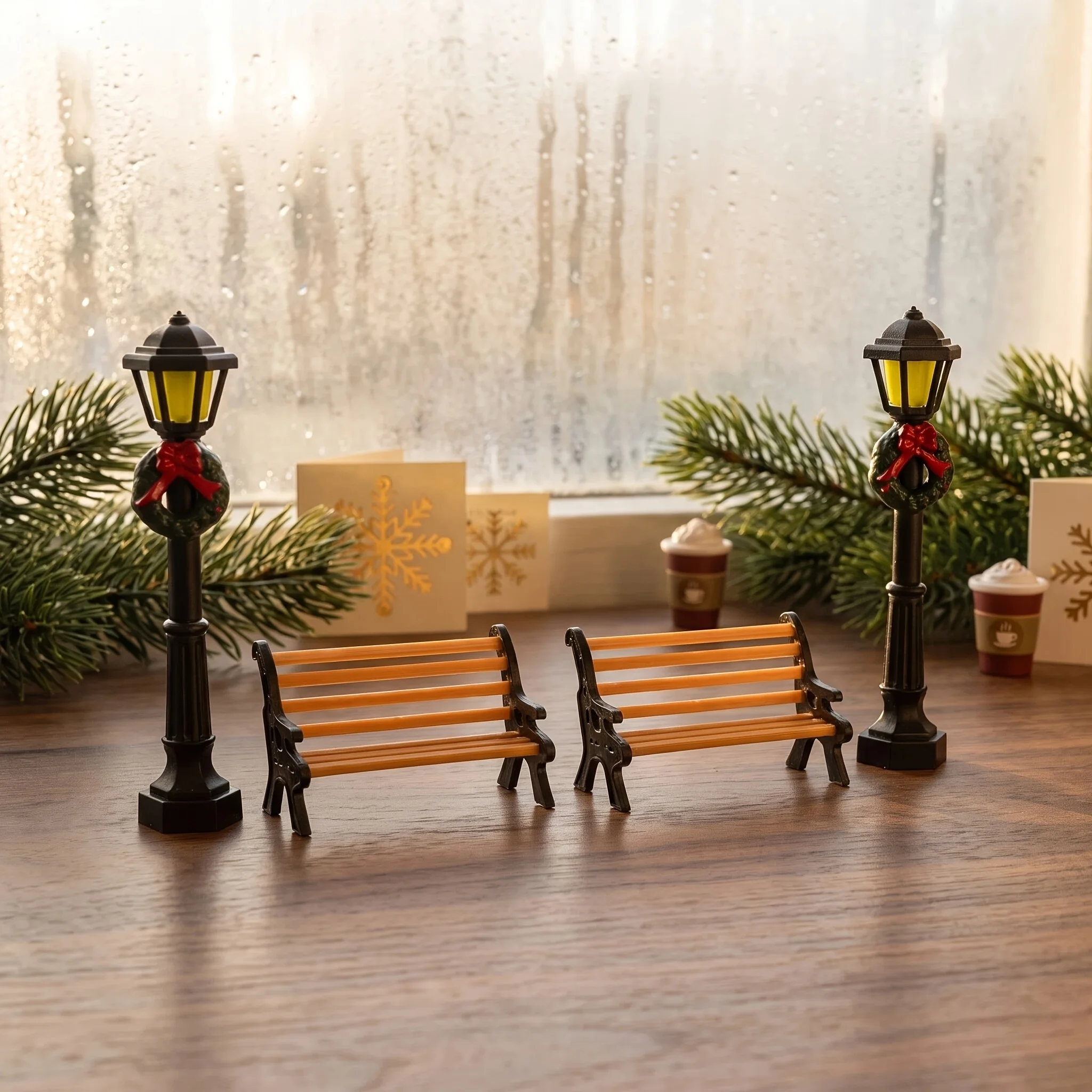 6PCS Mini Christmas Decor Set, Park Bench & Street Lamp, Plastic Furniture, Dollhouse Tabletop Winter Table Centerpiece Gift