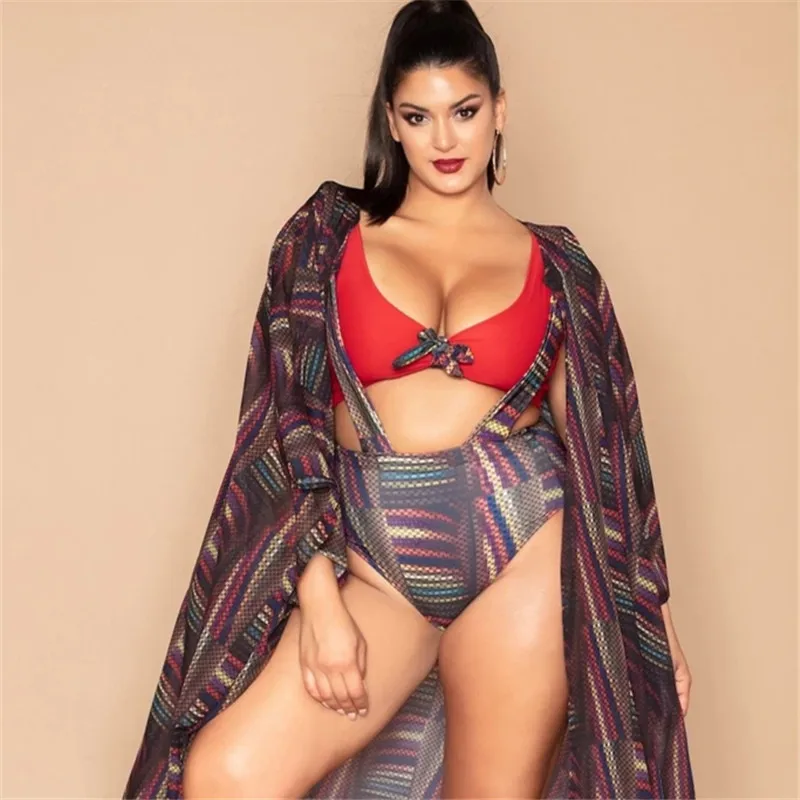 

2025 new, European and American fattened split swimsuit printed high-waisted strap swimsuit, beach bikini jacket smock