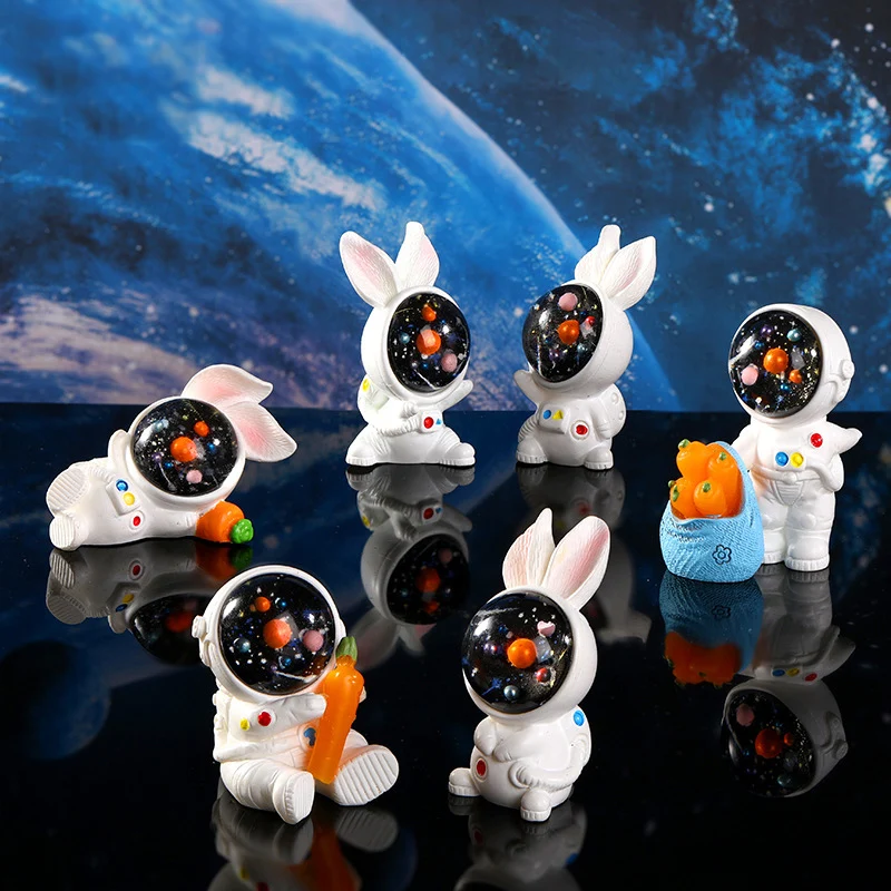 3pc Planet Astronaut and Bunny Rabbit Creative Cartoon Figure Ornament Miniature Resin Craft DIY Accessories Decoration