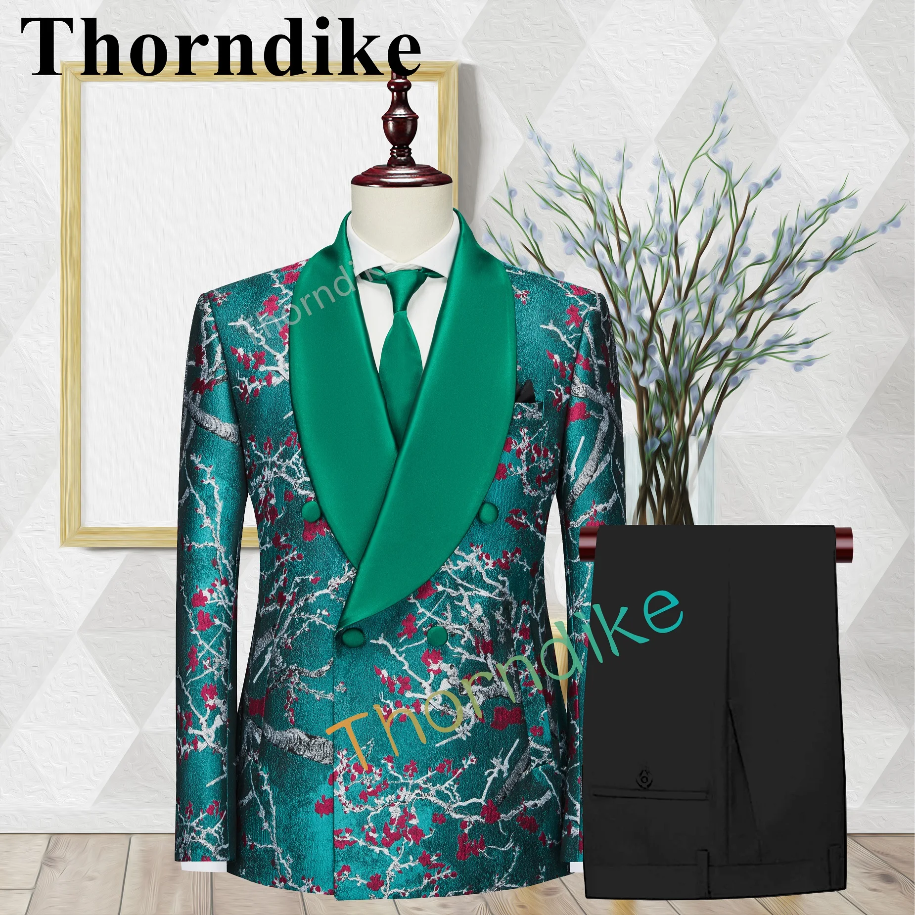 

Thorndike New Style Wedding Groom Dark Green Suit Casual Jacquard Collar Tuxedo Best Man Fashion Boyfriend Suit 3-piece Set