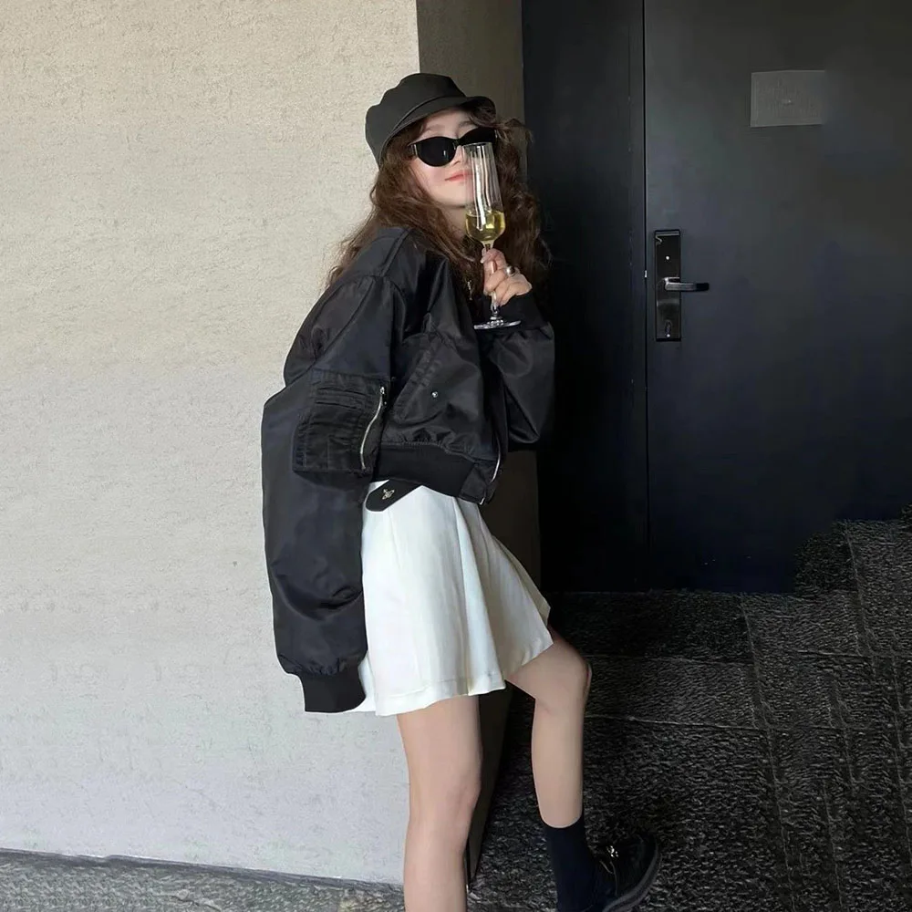 Korean Style Vintage Cropped Bomber Jackets For Women\'s Streetwear Short Coat Oversize Harajuku Fashion Zipper Aesthetic Outwear