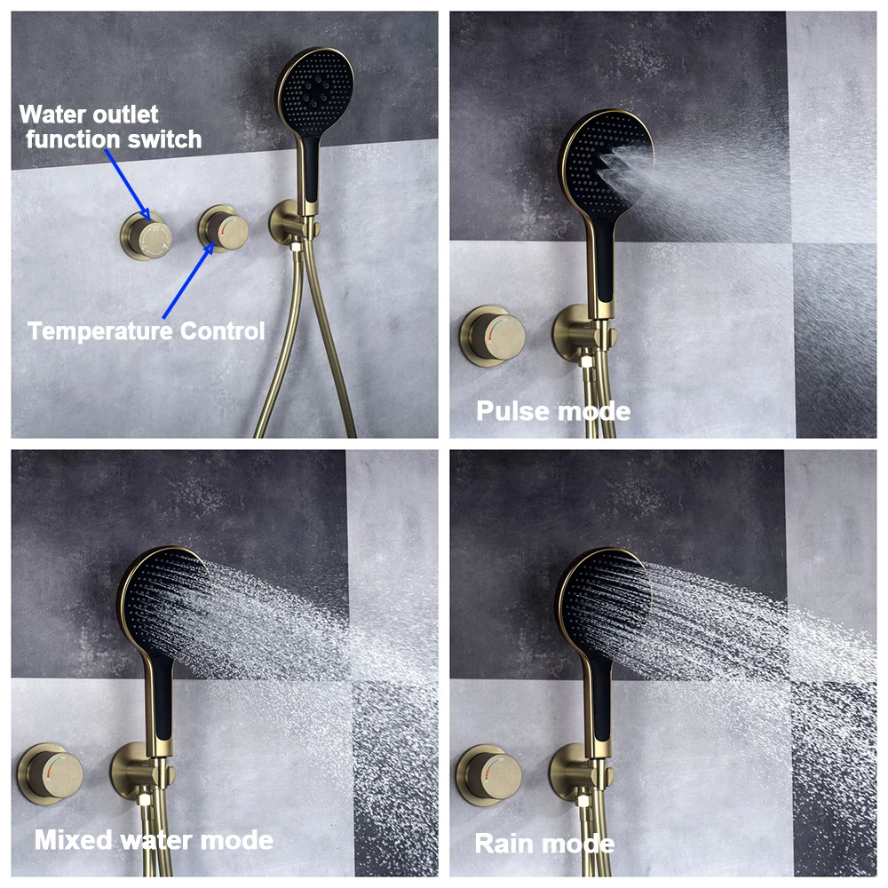 Brushed Gold Concealed Shower Set Simple 3-Function Wall-Mounted Rainfall Shower System Brass Hot & Cold Water Mixing Valve