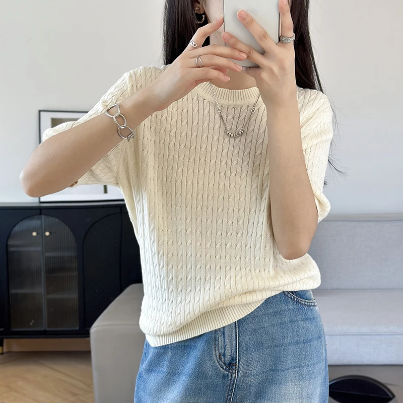 Summer 100% Cotton Knitted Women's Short Sleeve T-shirt Casual Solid Round Neck Fit Tees Pullover Fried Dough Twists Tops Blouse