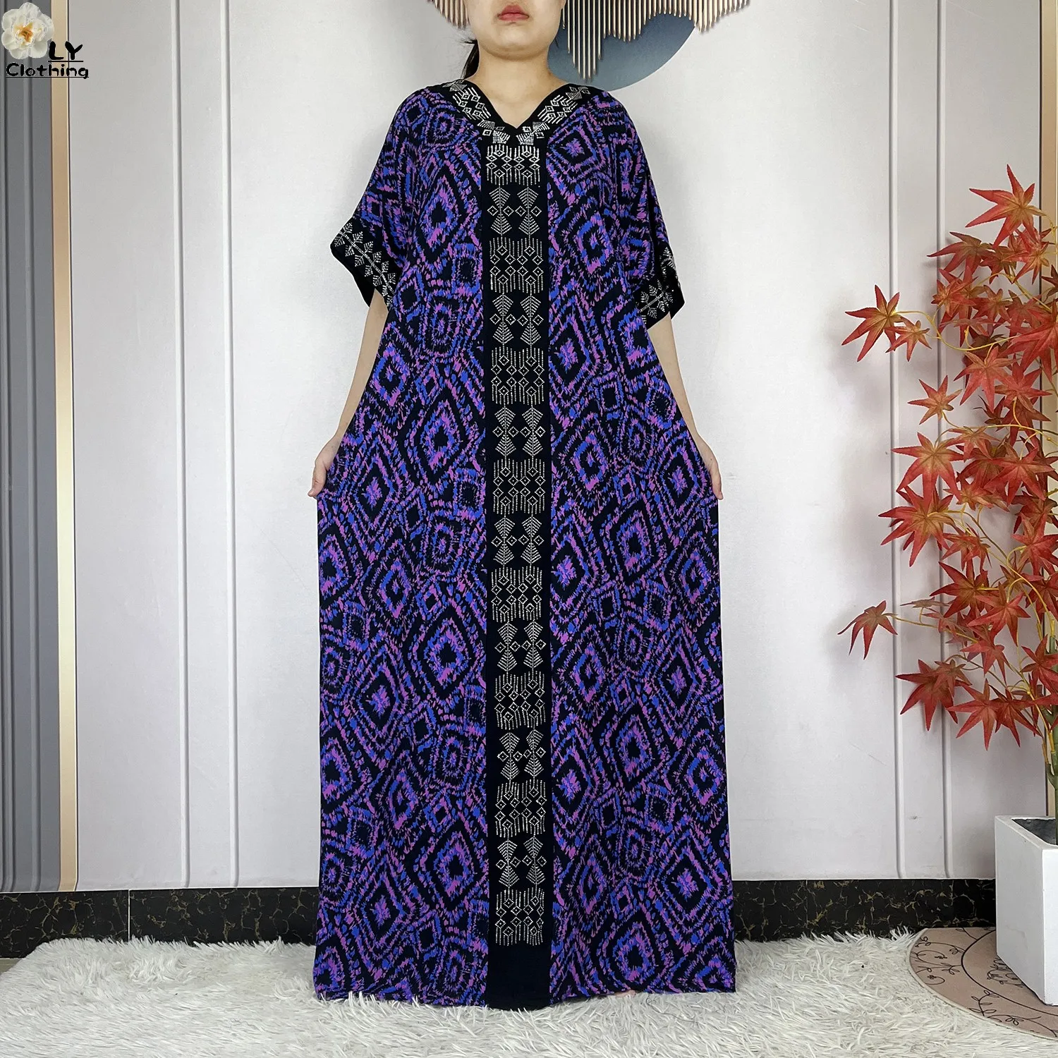 New Style Fashion Dubai Women Dress African Abaya Cotton Printed Loose Boubou Maxi Islam Women Short Sleeve Dress With Big Scarf 4