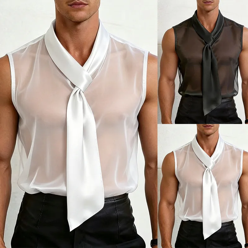 Men's Satin Streamer Collar Sleeveless Vest Mesh See-through Sexy Nightclub Performance Top