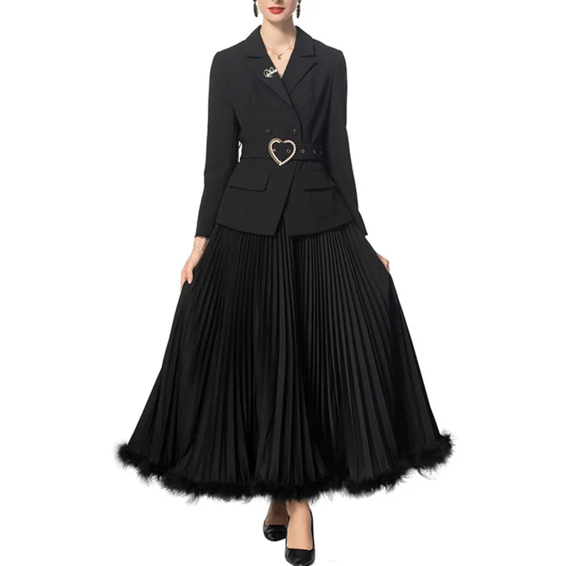 QMQA Fashion Women's 2 Pcs Sets Belt Long Sleeve Top+Elastic Waist Wrinkle Big Swing Feather Skirt Set Female New Clothing 1A829