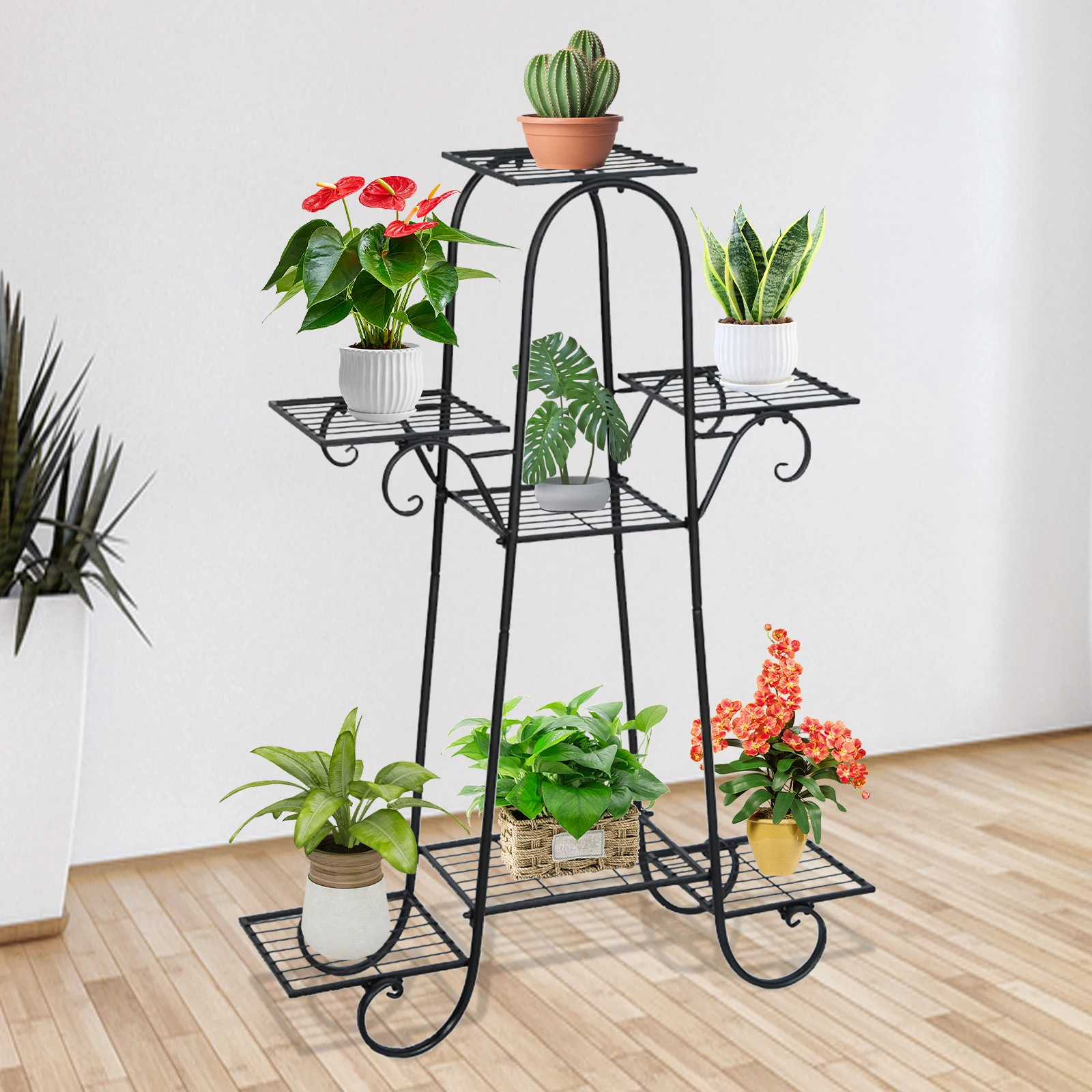 

7-уровневая высокая подставка для растений в помещении и на открытом воздухе - черный металлический многоуровневый держатель для цветочных горшков, полка для сада, патио, балкона, стеллаж для хранения