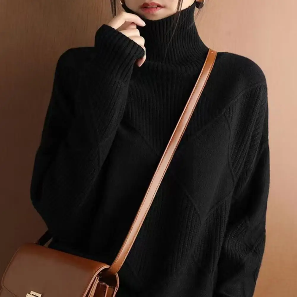 Turtleneck Winter Sweater Women Elegant Thicken Warm Knitted Pullover Crochet Texture Slim Tops Loose Jersey Knitwear Jumper