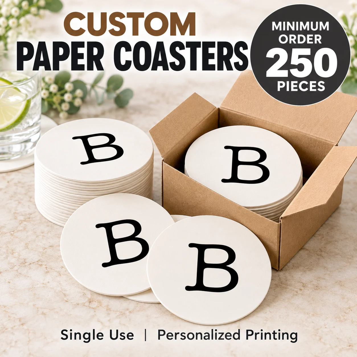 Custom Disposable Paper Coasters 250pcs Minimum Logo Printing For Bars Cafes Restaurants Bulk Personalized Business Event Gifts