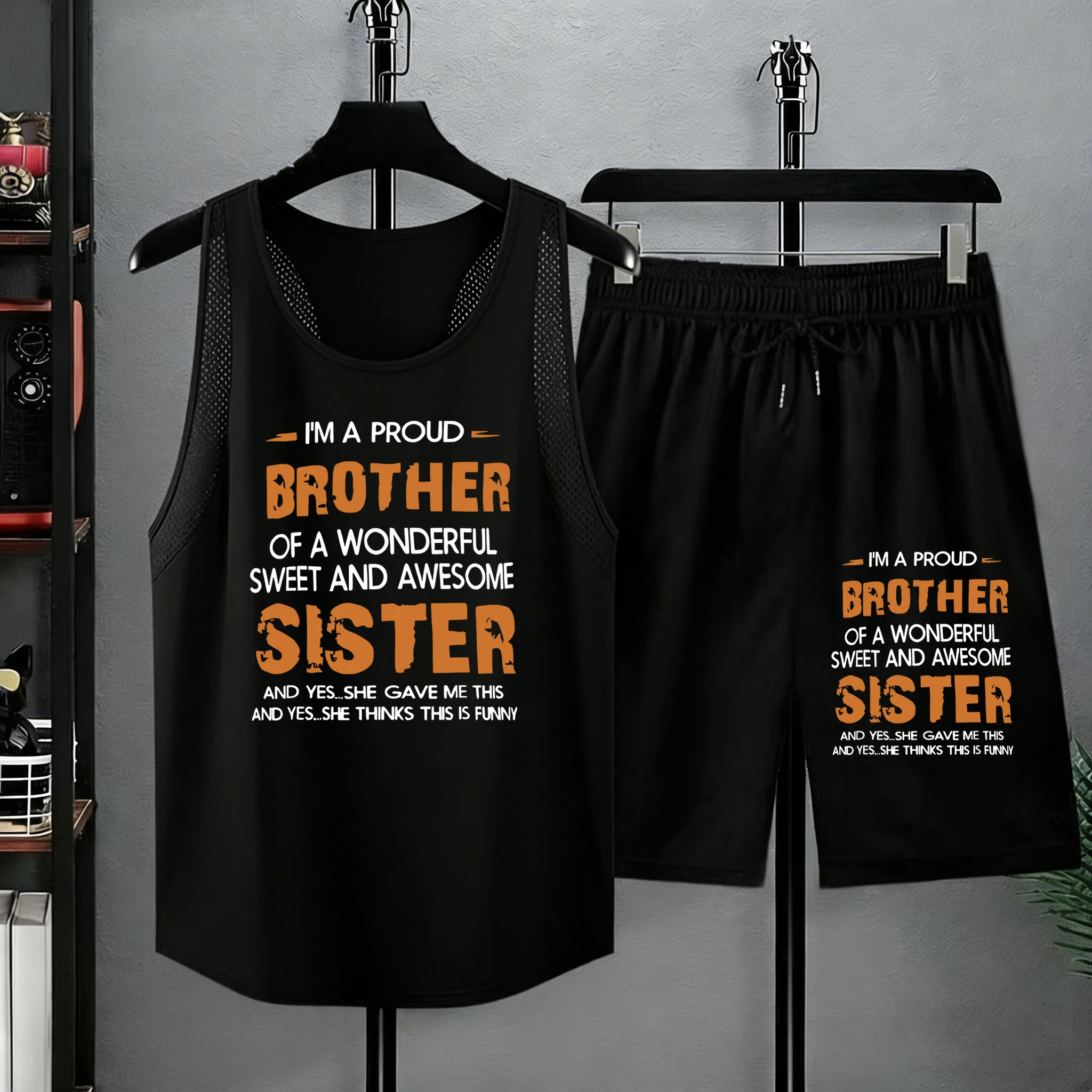 

Friendliness Of Brothers And Sisters Print Summer Man Fashion Shorts Fitness Quick Dry Cool Vest Set Pocket Beach Short Pants