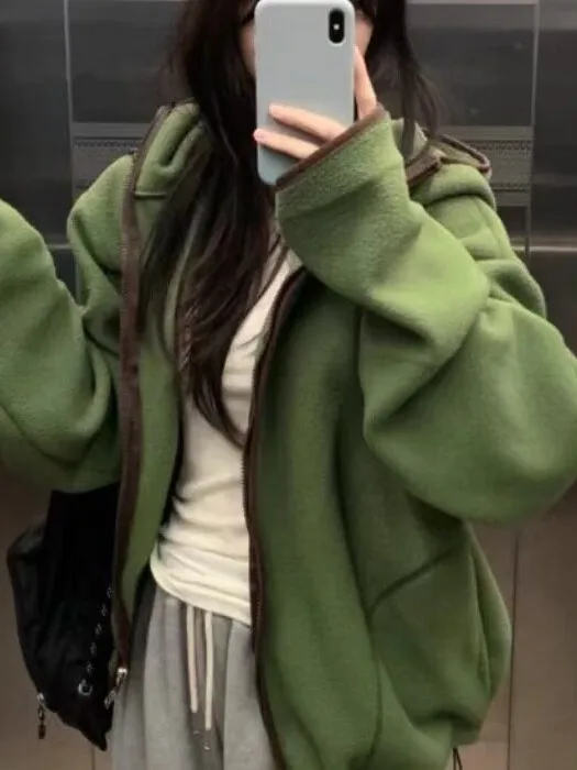 Ladies Double-sided Fleece Hooded Jacket Lazy Style Color Block Casual Loose Winter Top Korean Style Soft Fabric Versatile Use
