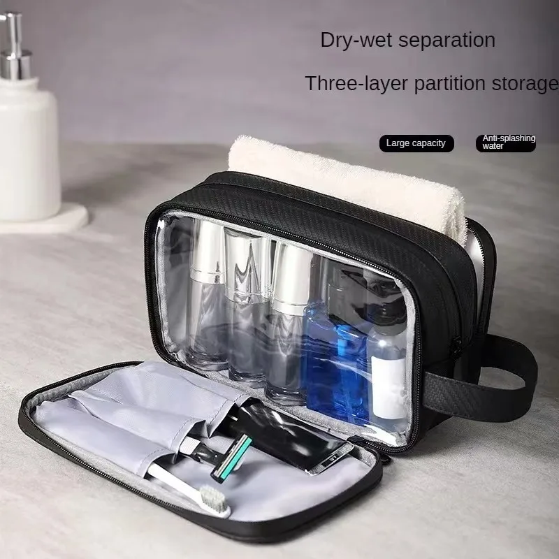 Simple Water-resistant Cosmetic Travel Packing Cube Portable Wet Dry Separation Toiletry Pouch Three-layer High-capacity Bags