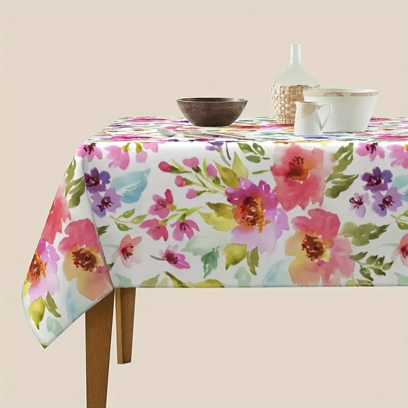 Watercolor Floral Tablecloth Rectangular Table Cover with Vibrant Pink Durable for Dining,Coffee Tables,Picnics,Camping, Parties