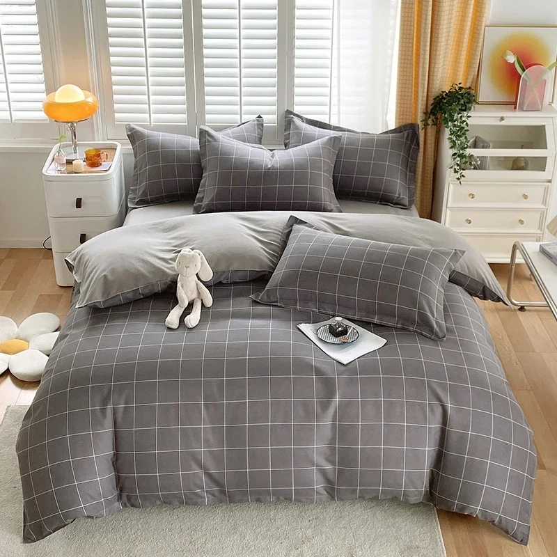 Grey Grid Duvet Cover Set 3pcs Modern Style Room Decorative Bed Quilt Covers Breathable Durable Soft Comfy Washable Bedding Sets