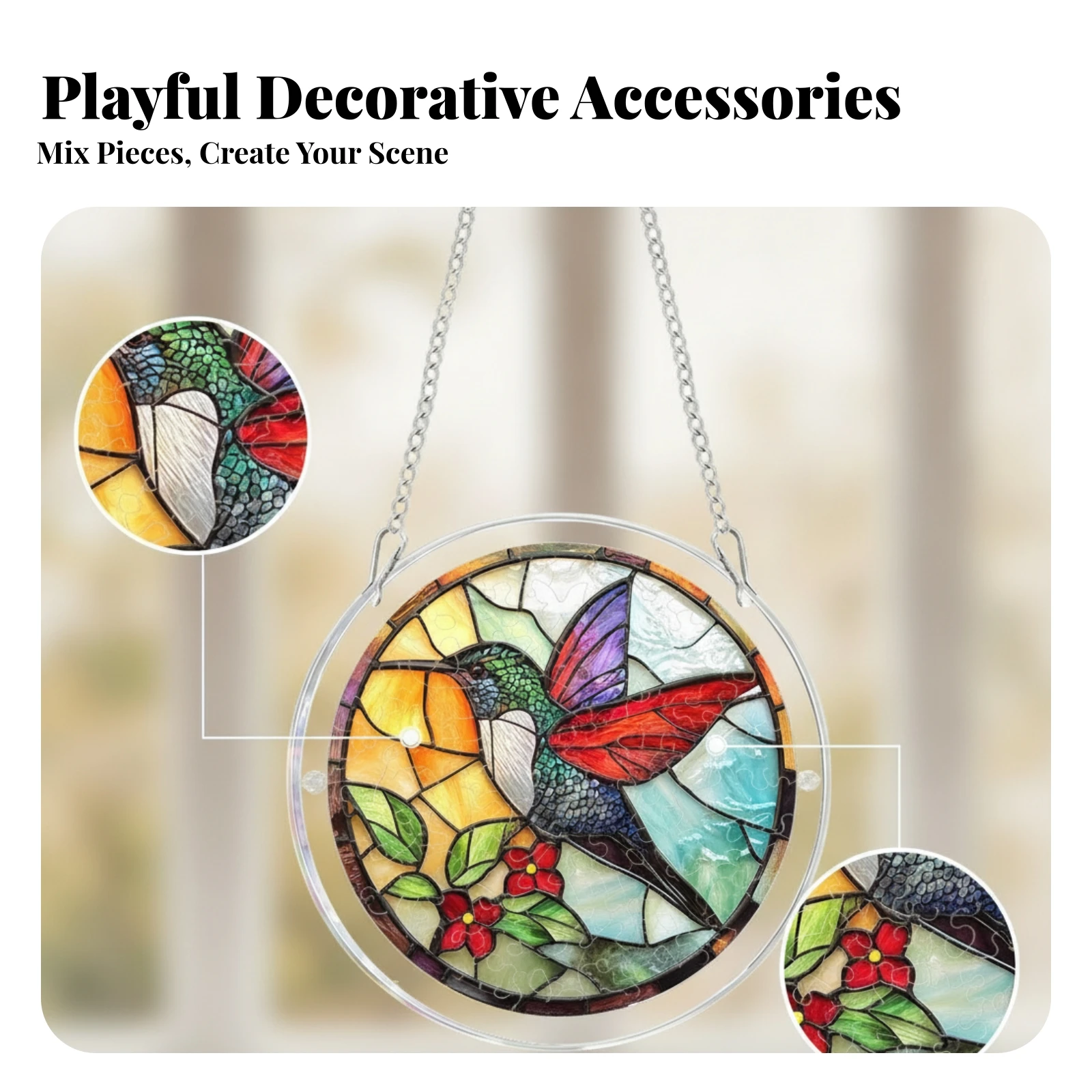 Acrylic Puzzle Suncatcher Layered Jigsaw Window Hanging Stained Glass Sun Catcher Metal Chain Decor Item Light-Catching