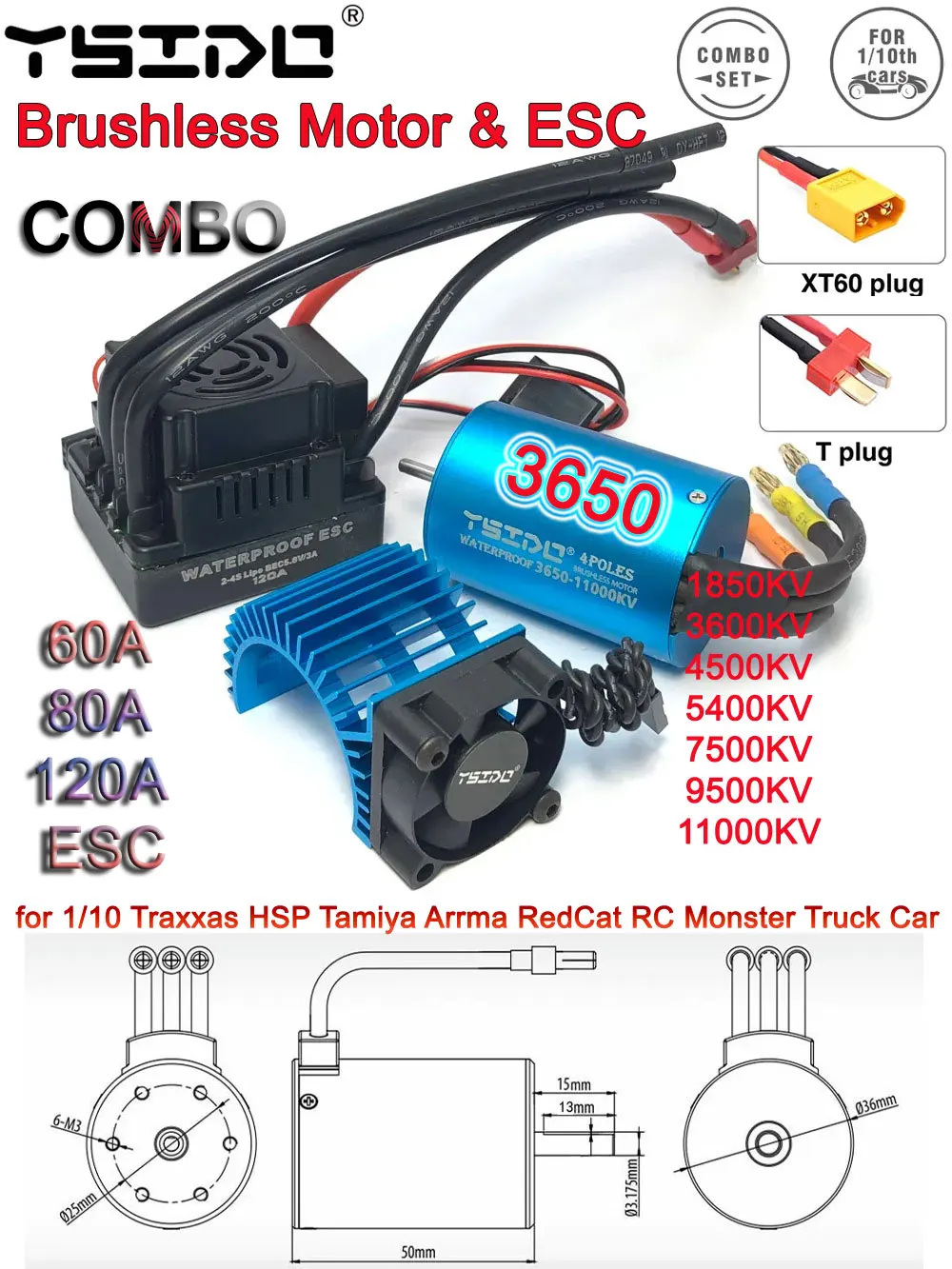 YSIDO 3650 Bürstenloser Motor 60A/80A/120A ESC mit Kühlkörper-Kombination für Axial Traxxas HSP Tamiya Arrma RedCat 1/10 RC Auto-Ersatzteile