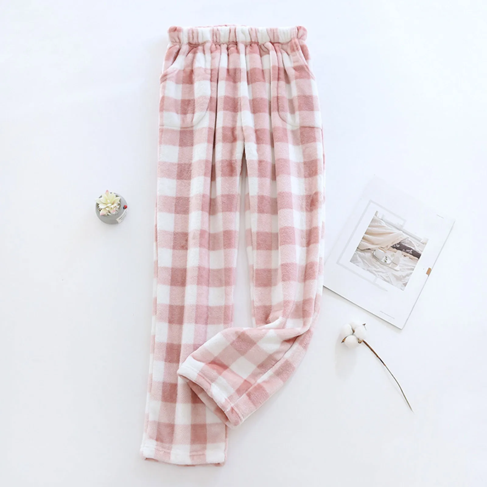 Comfortable Winter Thick Plaid Women\'s Flannel Pajama Pants High Waist Loose Casual Straight Big Size Fleece Warm Home Trousers