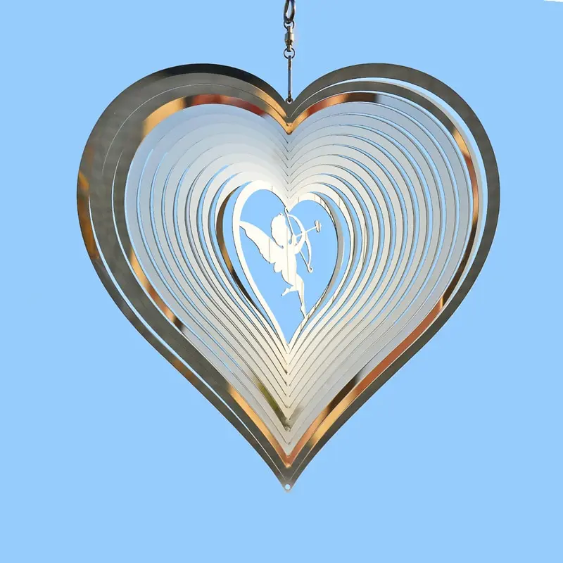 Cupid Heart Wind Spinners Reflection Mirror Sculpture Chimes Spinner Crystal Pendant Garden Ornaments Outdoor Yard Decorative