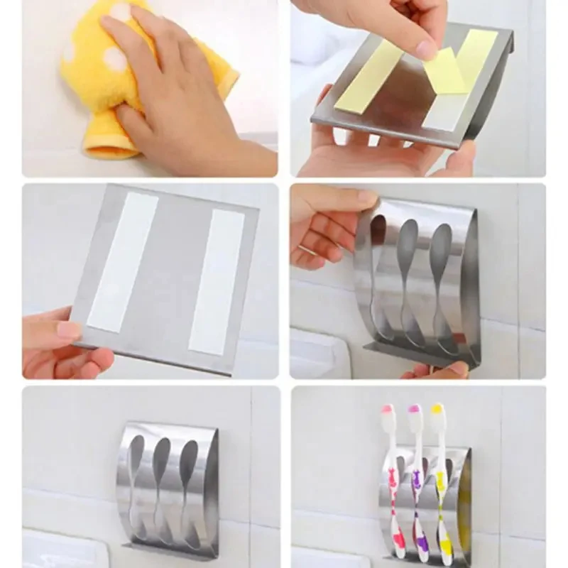 Stainless Steel Wall Mount Toothbrush Holder 3/2 Hook Self-Adhesive Tooth Brush Organizer Box Bathroom Accessories