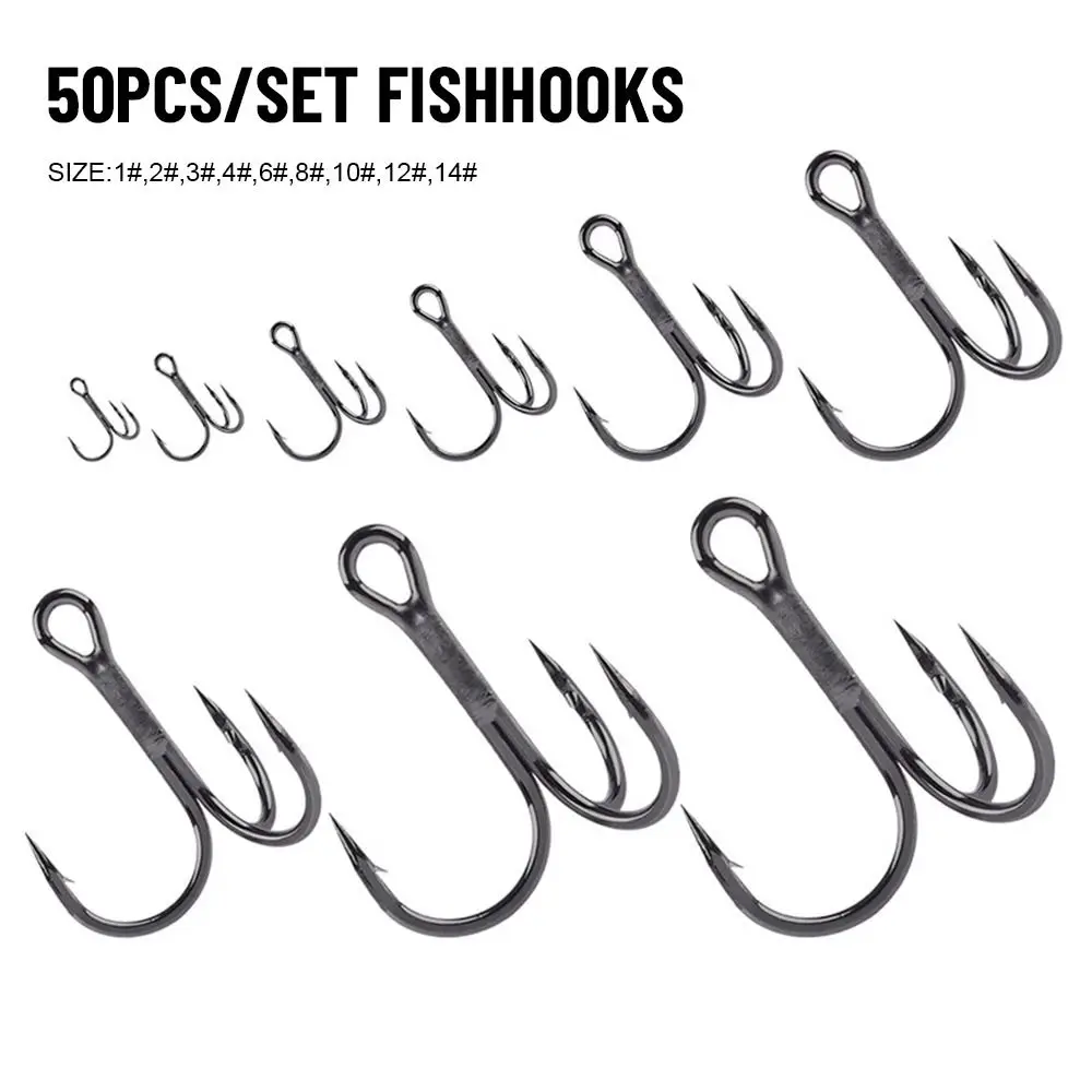50Pcs Black Nickel  Super Sharp Fishhooks Treble Fishing Hooks  High Carbon Steel Matte Tin Hooks Fishing Tackle