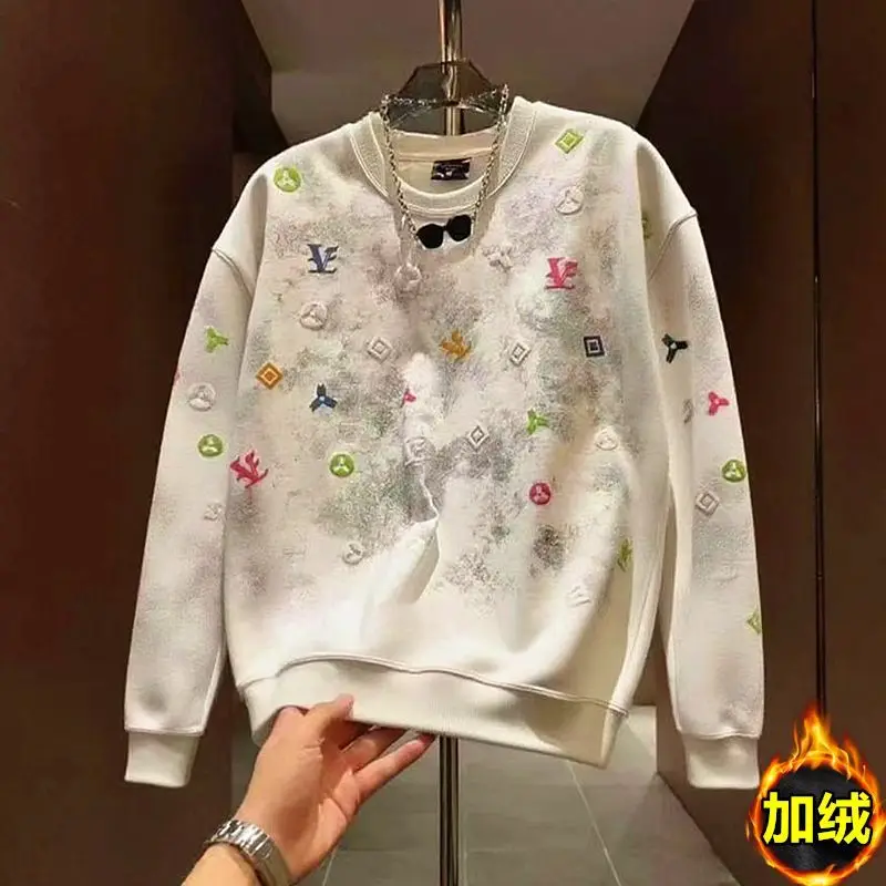 Sweater Men's Fashion Tie-Dye Crew Neck Top Fleece Thickened Long Sleeve Winter