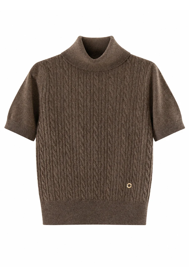 TH662122 Damen Rollkragenpullover mit Zopfmuster, Kurzarm, 100% Kaschmir, Gerippter Saum, Gemütlich, Lässig-Schick, Frühherbst – Detail 15