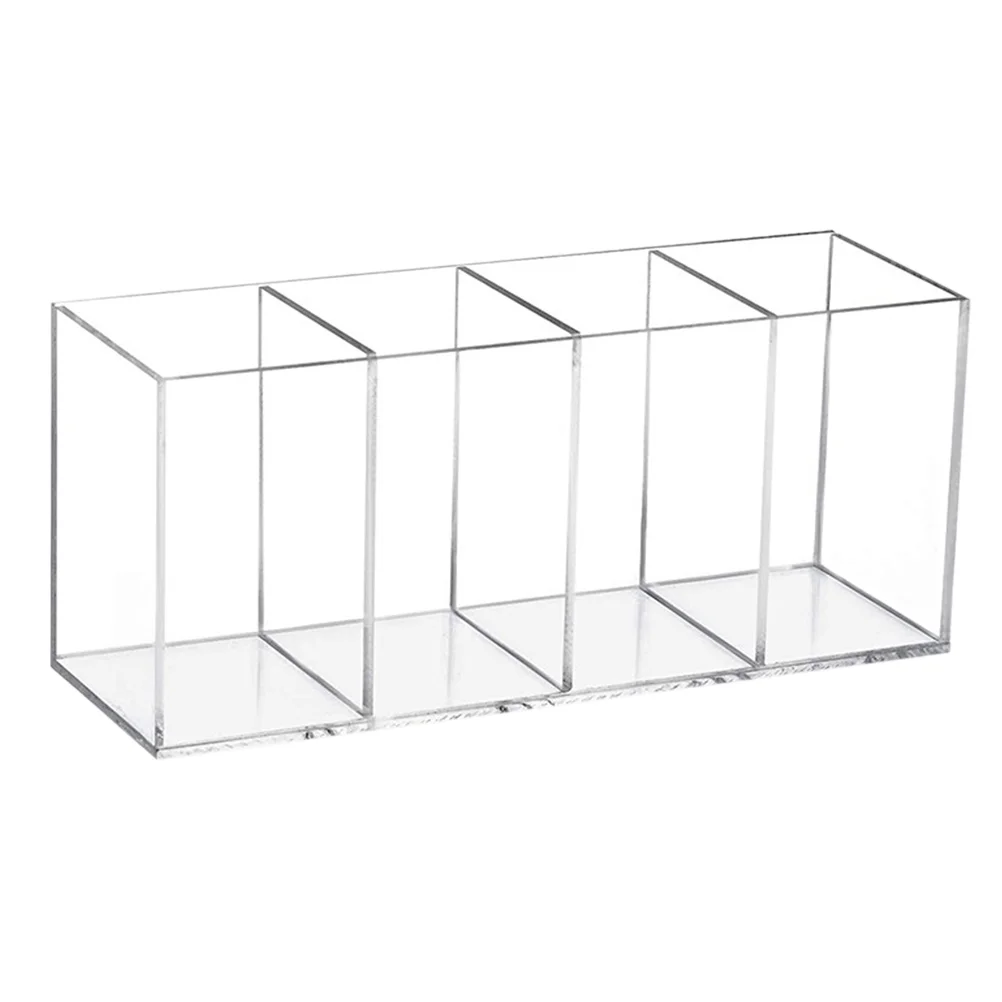 

Pen Holder Acrylic Brush Makeup Storage Box Countertop Container Desktop Clear Divided Desk 4-Compartment Organizer Case