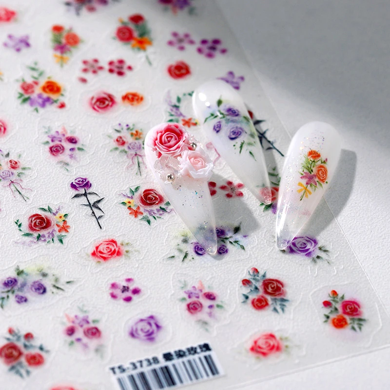 Rose Flower Garden Soft Embossment Adhesive Nail Art Stickers Charming Rhinestone Manicure Decals Nail Supplies for Professional