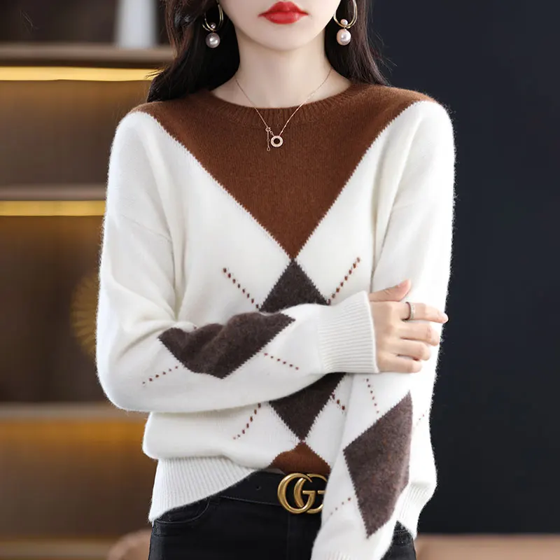 

Cashmere sweater Women's knitting sweater 100% merino wool O-neck long sleeved pullover Autumn winter color blocking top