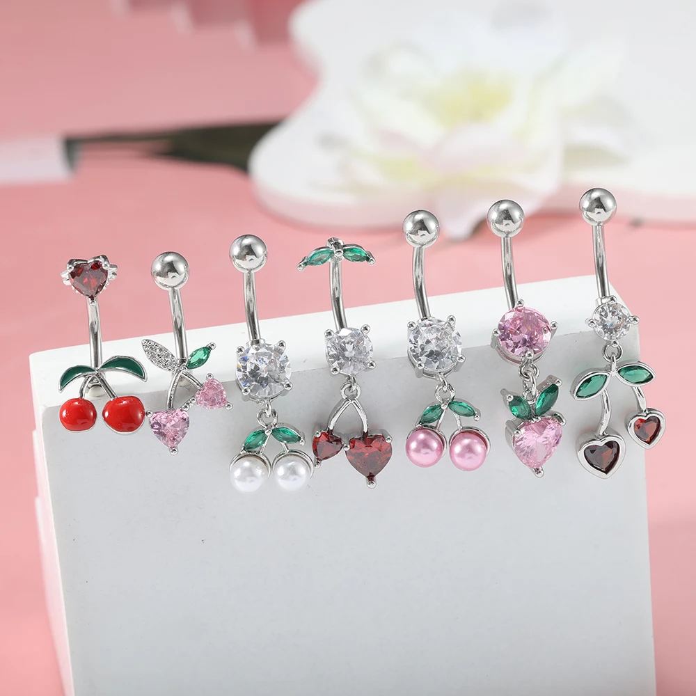 14G Stainless Steel Cherry Heart Dangle Navel Ring Screw Anti-drop Ball Cubic Zircon Belly Button Piercing Jewelry Summer Body A
