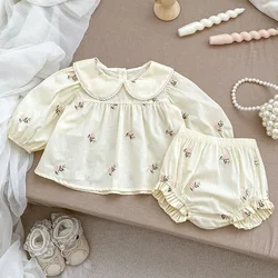 2024 New Autumn Infant Baby Girls Clothing Set Long Sleeved Cotton Embroidered Shirt+Shorts Toddler Baby Girl Clothes Suit