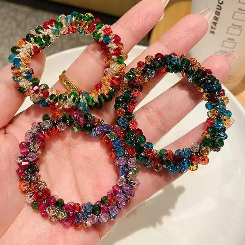 

1/3pcs new colorful imitation crystal beads hair ring fashion versatile girl hair elastic bracelet hairband