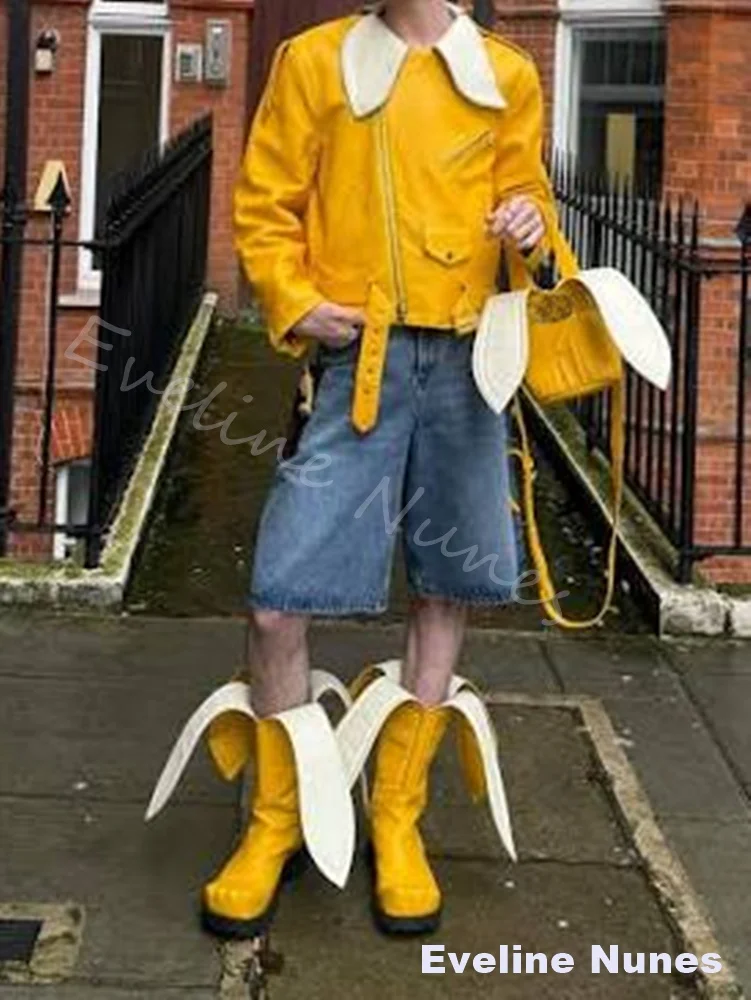 Banana Peel Design Cowboy Ankle Boots Women Yellow Leather Cat Paw Square Toe Platform Mid Calf Western Boots Show Party Boots