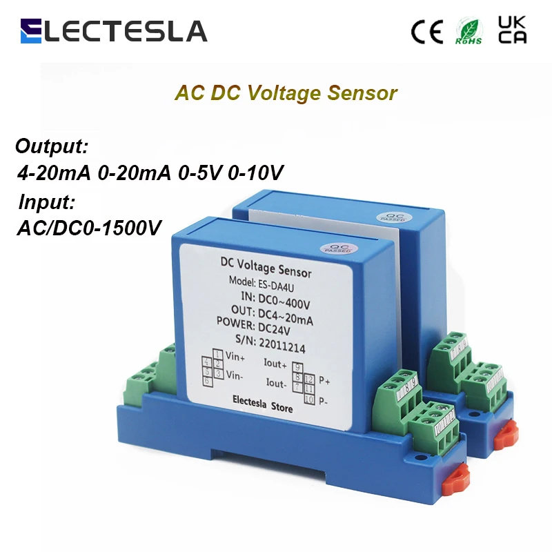 

AC 0-1500V Input Voltage Sensor AC Voltage Transmitter Transducer 4-20mA 0-5V 0-10V RS485 Output DC24V Power Supply