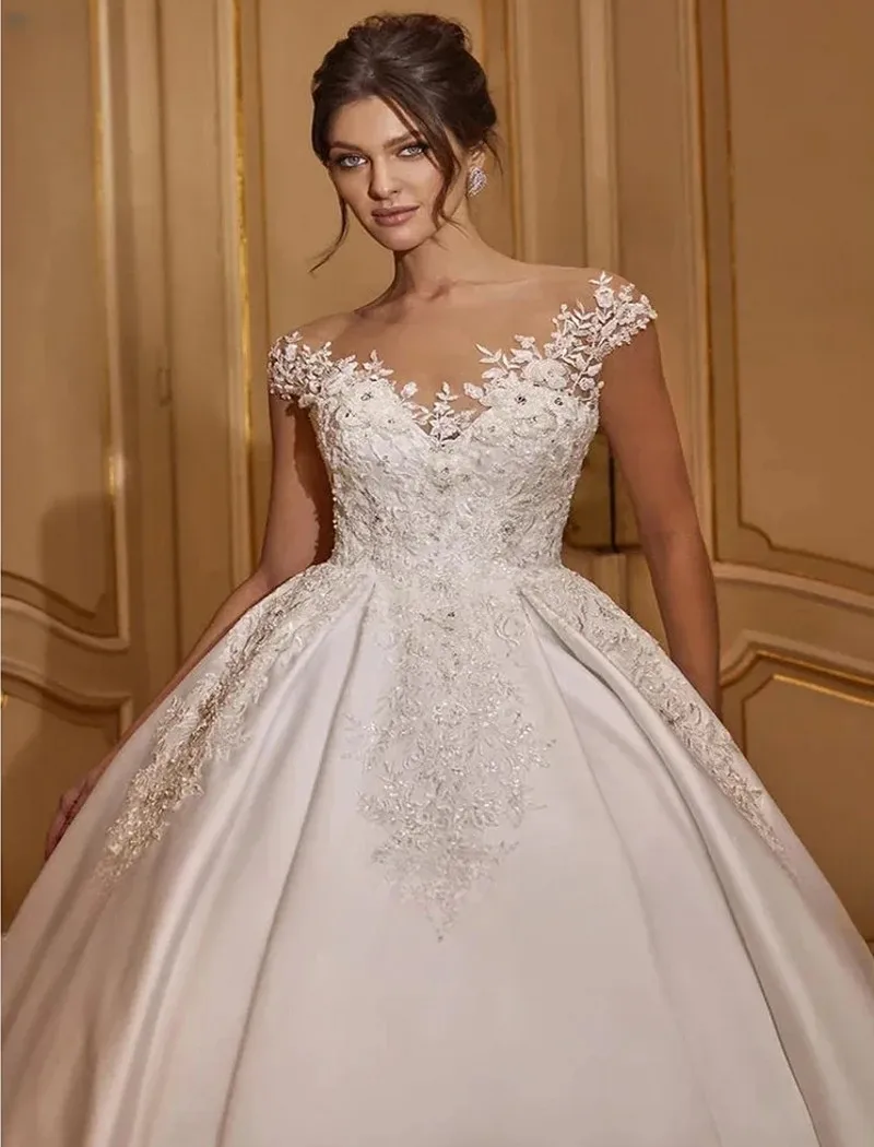 

Wedding Dress Cap Sleeve Sheer Scoop Neck Beading Applique Modern Satin Wedding Gowns Bridal Dress Vestidos De Noiva