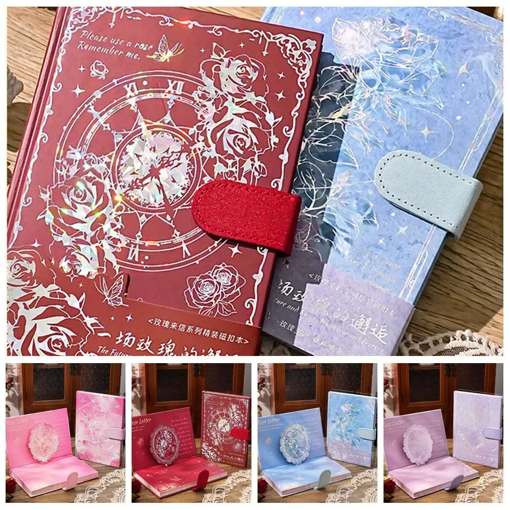 

Rose Style Exquisite Diary Notebook Color Pages Magnetic Button Retro Rose Notebook Gift Stickers Multi Layer