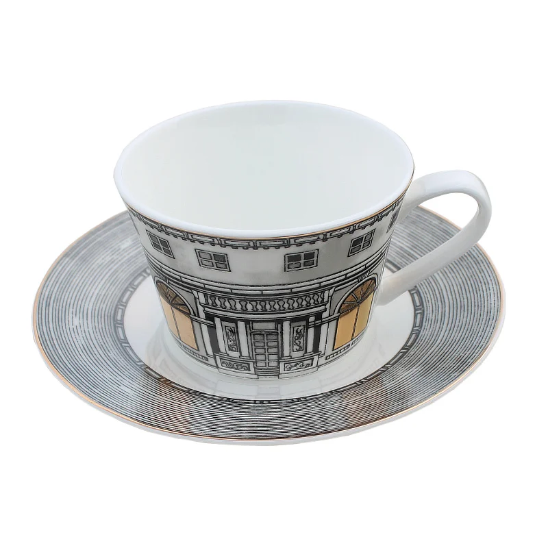 

Bone China coffee cup square plate European-style gold window building tea cup model room decoration afternoon tea cup