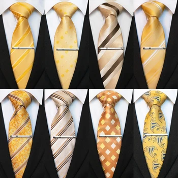 Jemygins-男性用の豪華な黄色のストライプのチェックシルク,ウェディングネクタイ