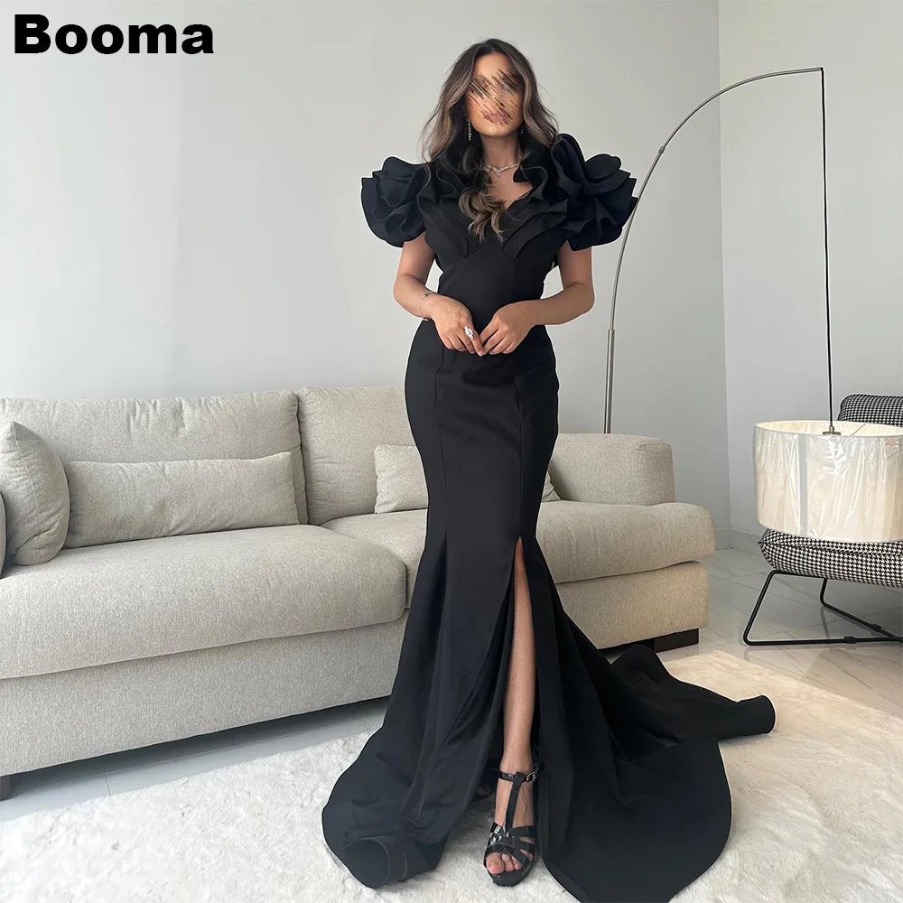 

Booma Black Elegant Women's Mermaid Evening Dresses Ruffles Side Slit Prom Gowns with Train Saudi Arabia Formal Occasion Dresses