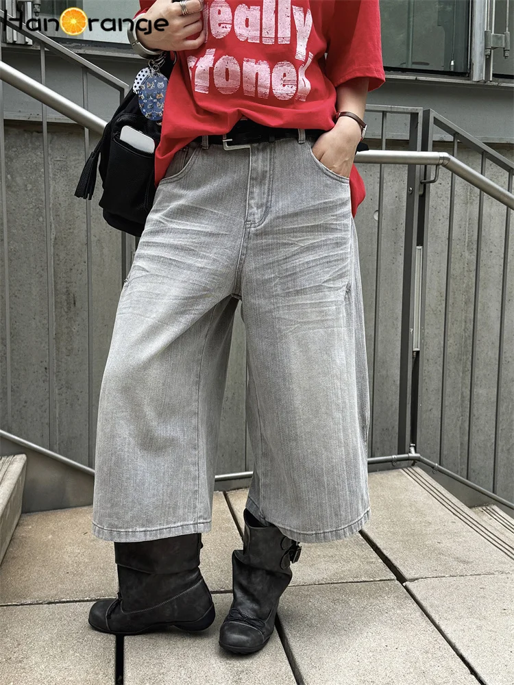 

HanOrange 2026 Summer Retro Street Distressed Calf-Length Jeans Women Layered Splicing Pentagram Denim Pants Gray
